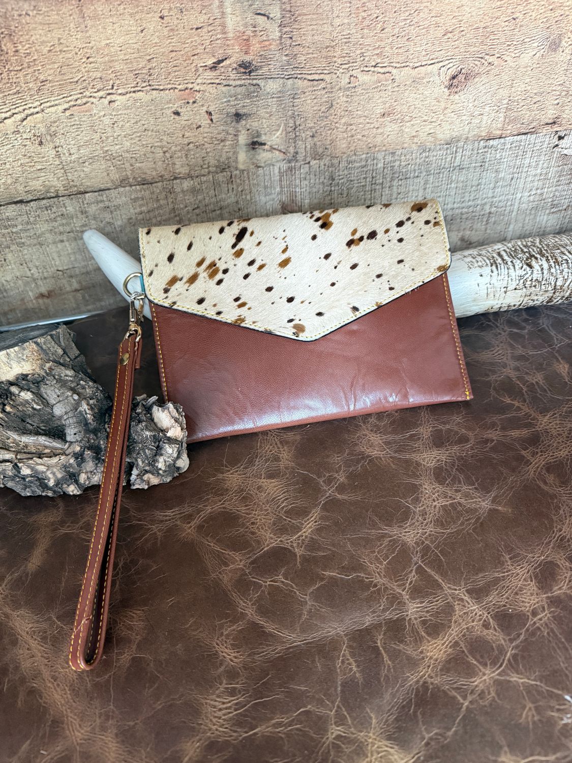 Leather Cowhide Wristlet Clutch Purse
