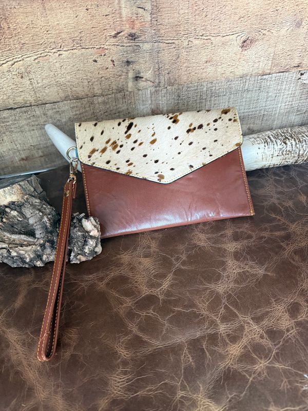 Leather Cowhide Wristlet Clutch Purse