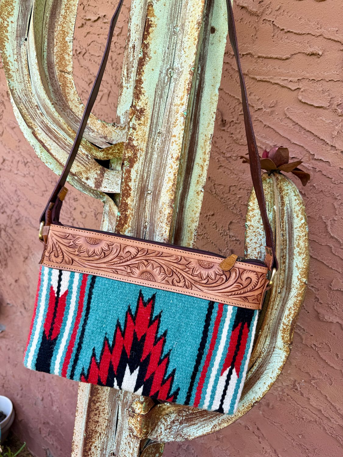 Blue Aztec Saddleblanket Crossbody with Floral Tooled Leather