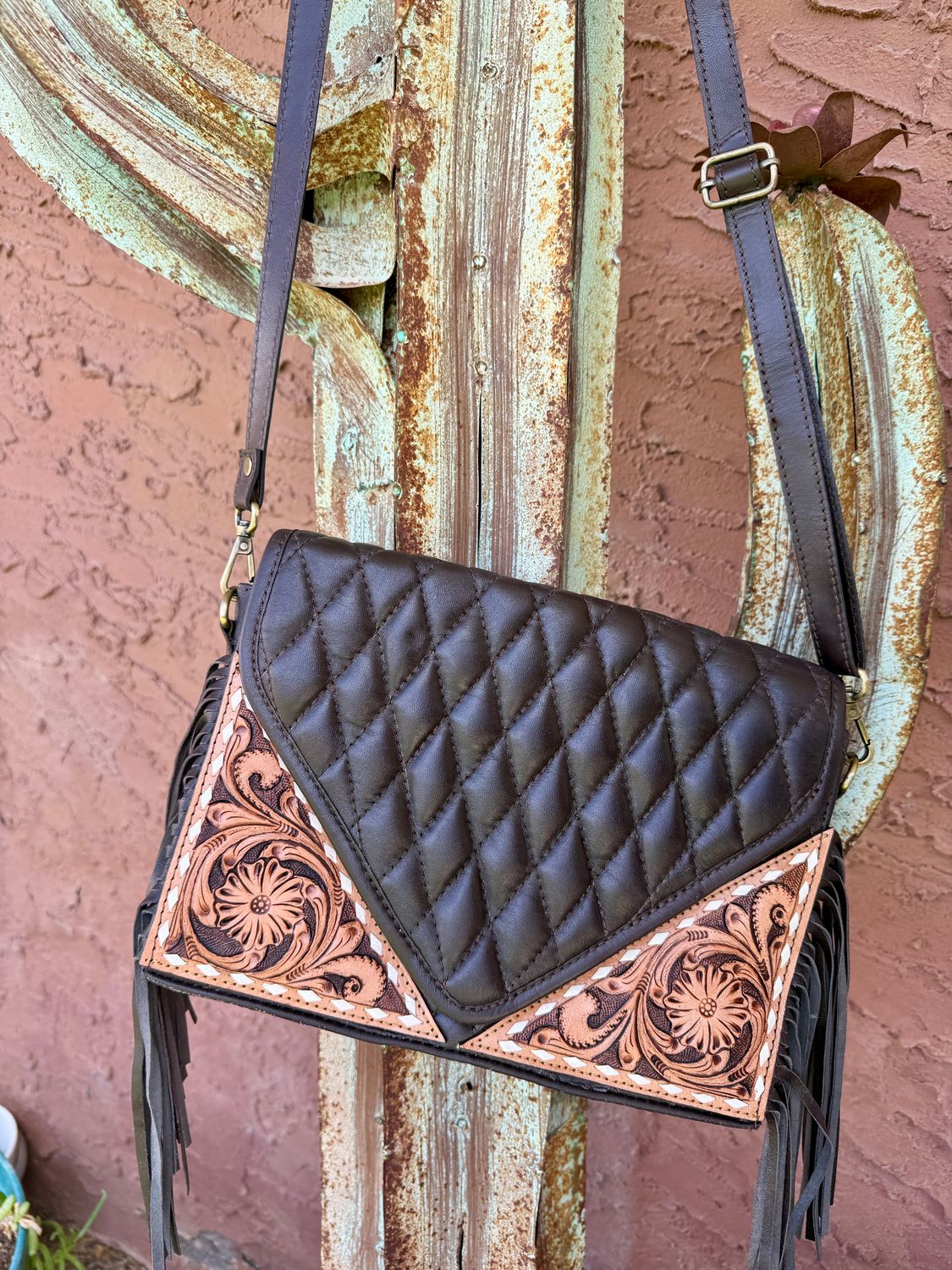 Brown Quilted Western Crossbody with Tooled Leather