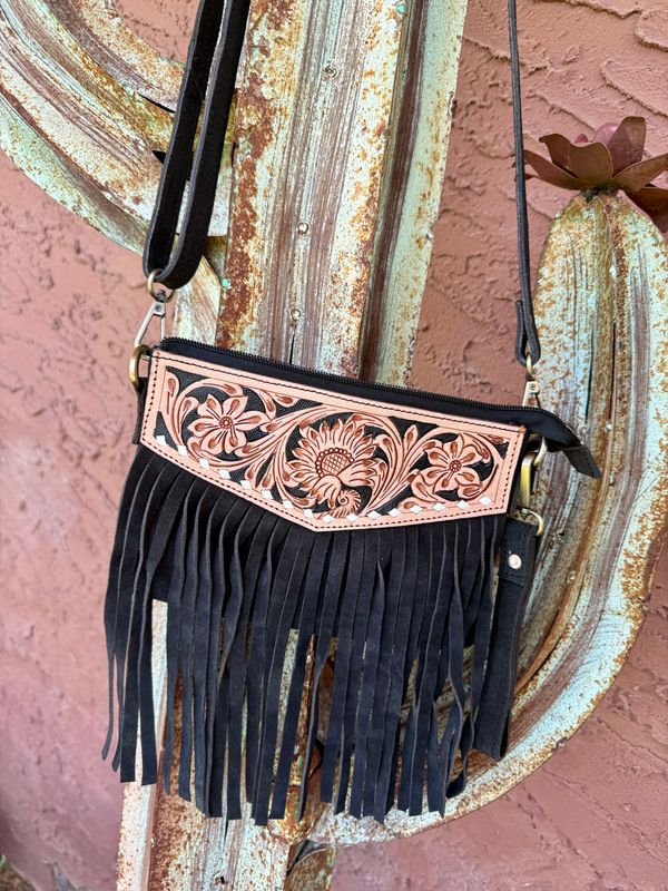 Suede Leather Tooled Floral Fringe Crossbody