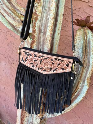 Suede Leather Tooled Floral Fringe Crossbody