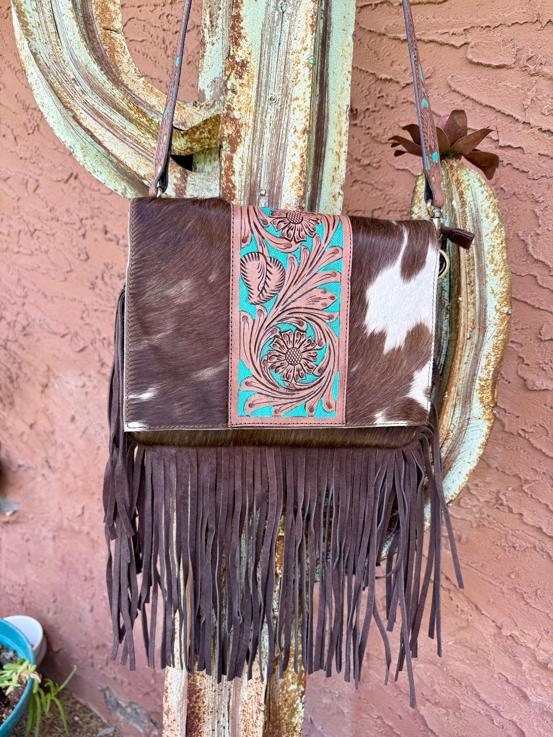 Turquoise Tooled Leather Cowhide Fringe Crossbody
