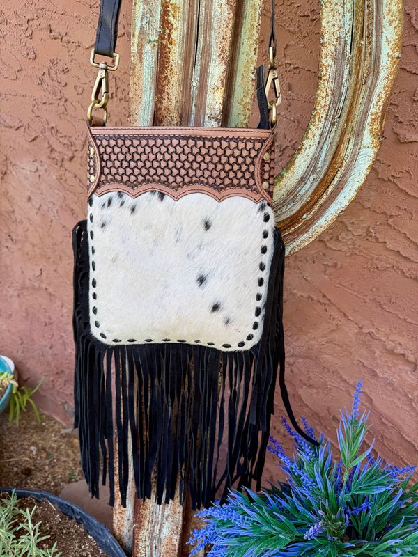 Spotted Cowhide Statement Bag with Tooled Leather And Fringe