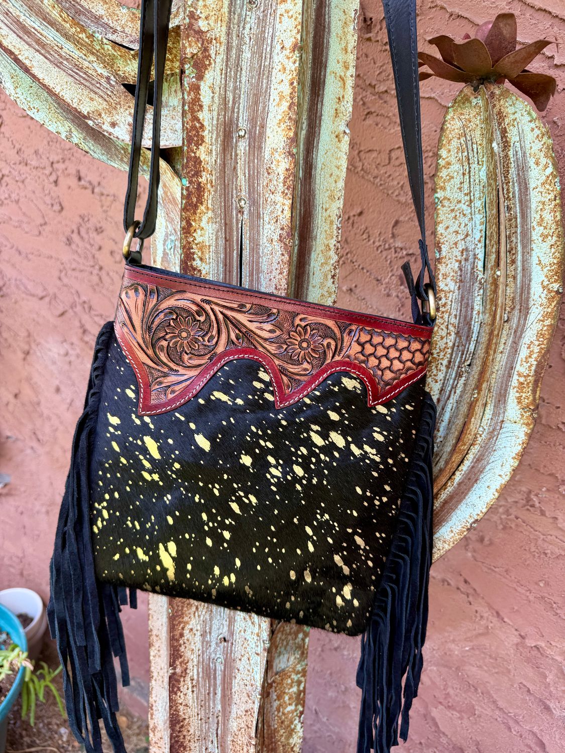 Black &amp; Goldwash Cowhide Fringe Crossbody