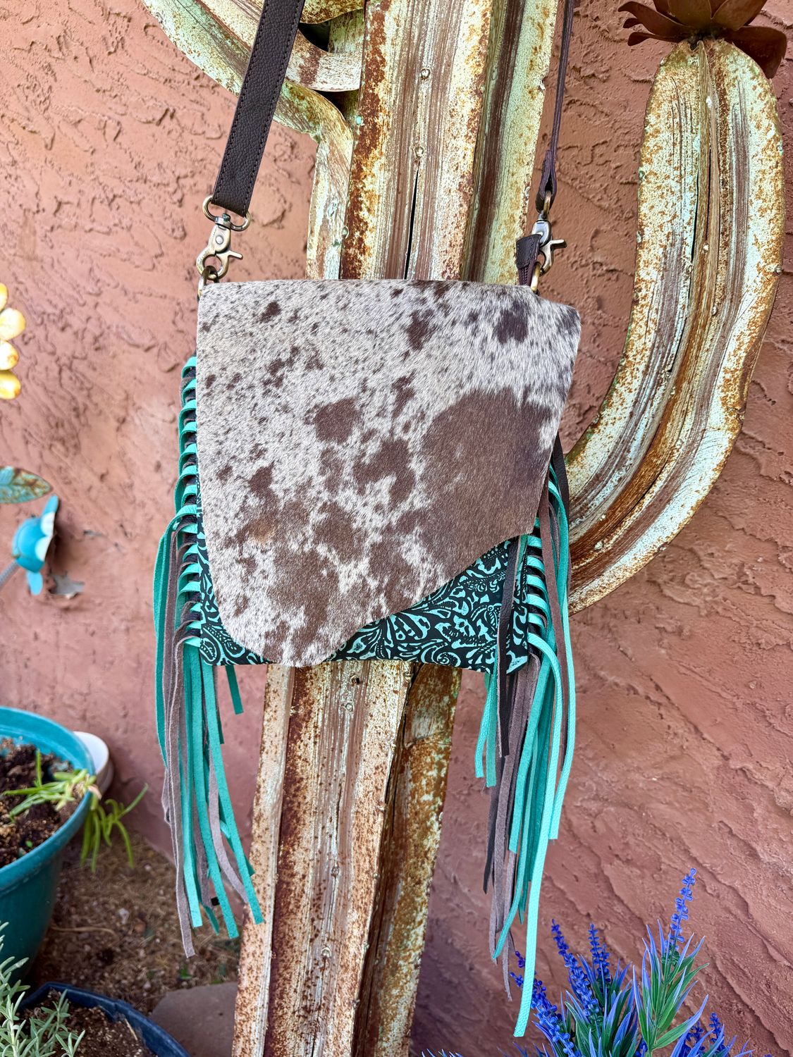 Cowhide &amp; Turquoise Floral Leather Fringe Crossbody