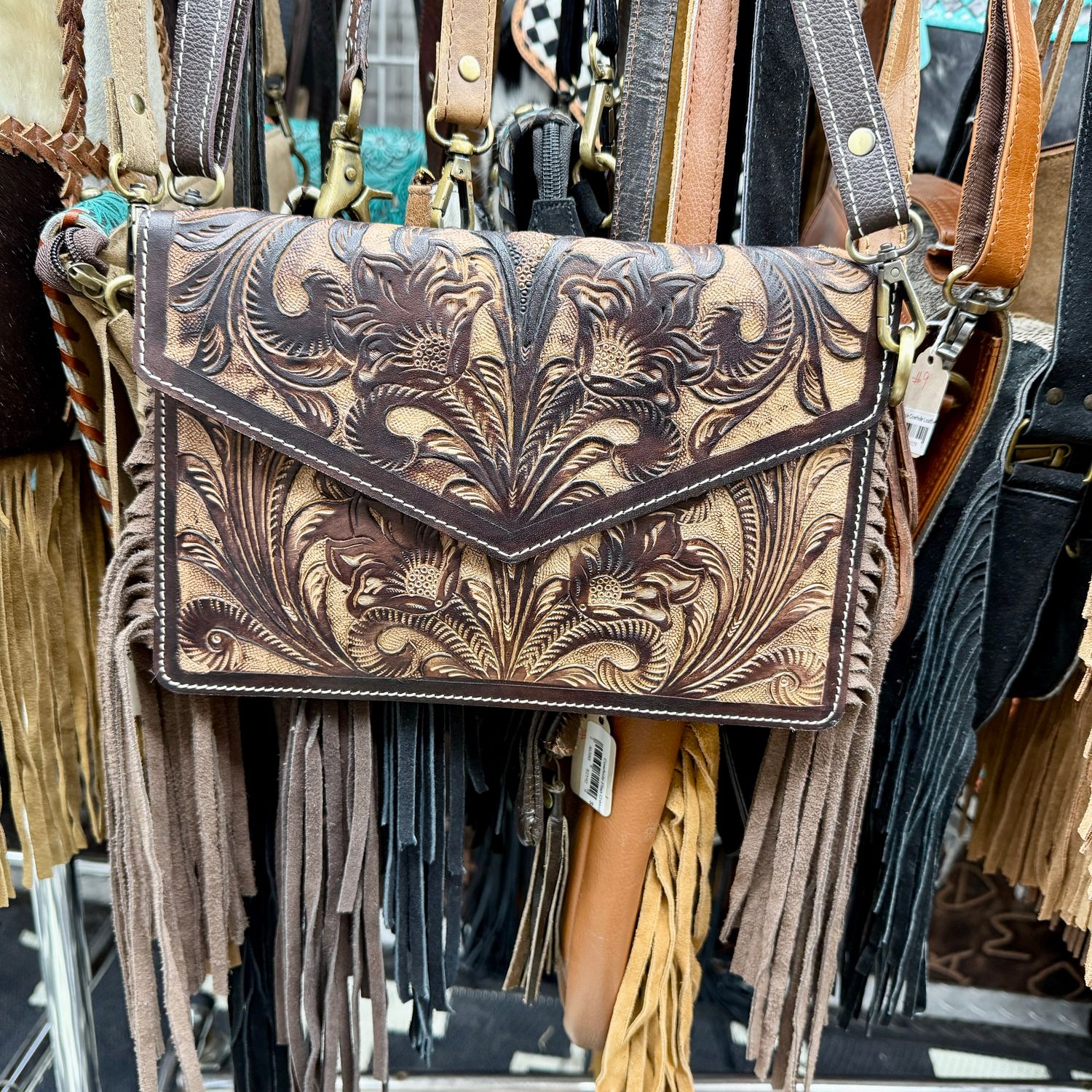 Tooled Leather Fringe Crossbody