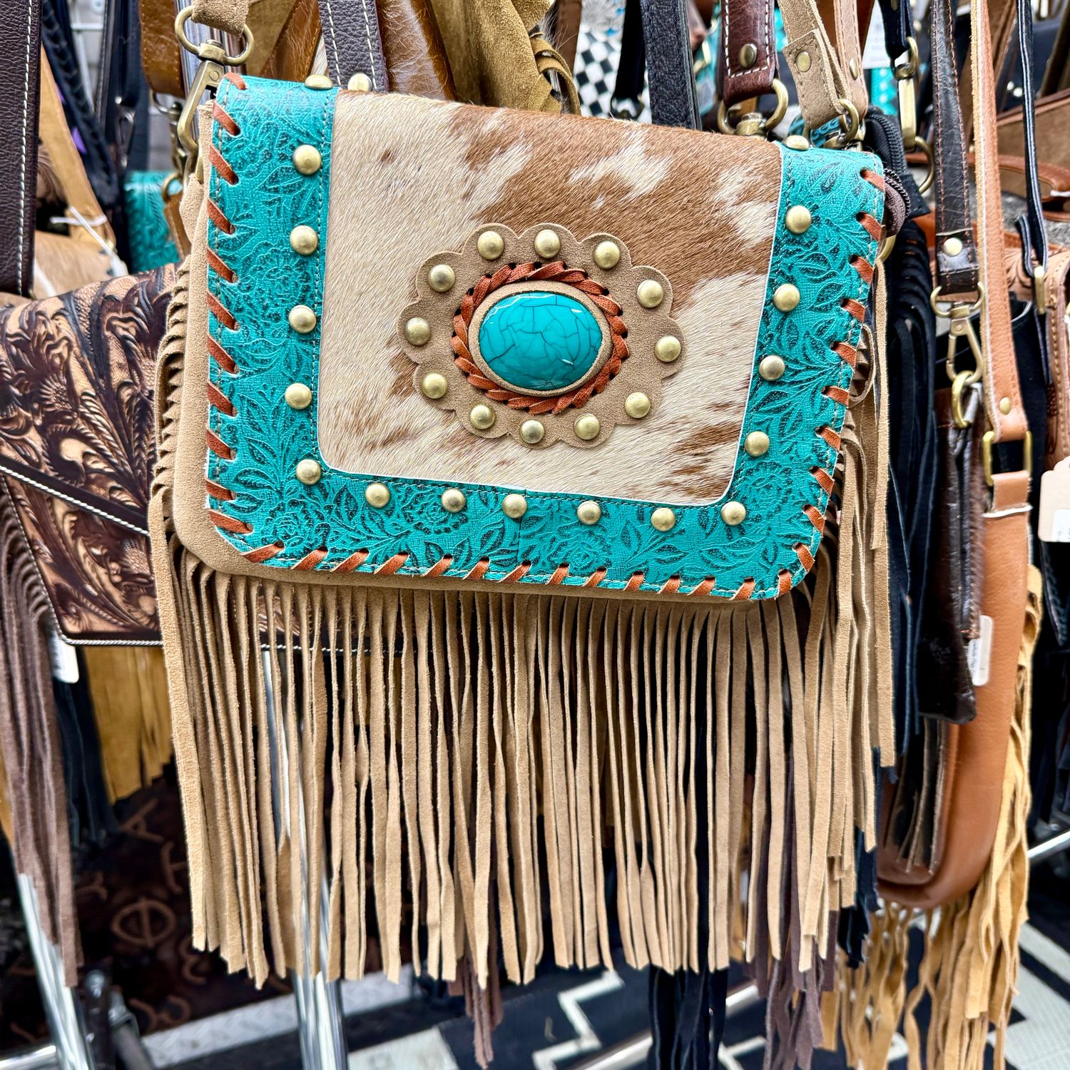 Teal Leather Cowhide Fringe Crossbody