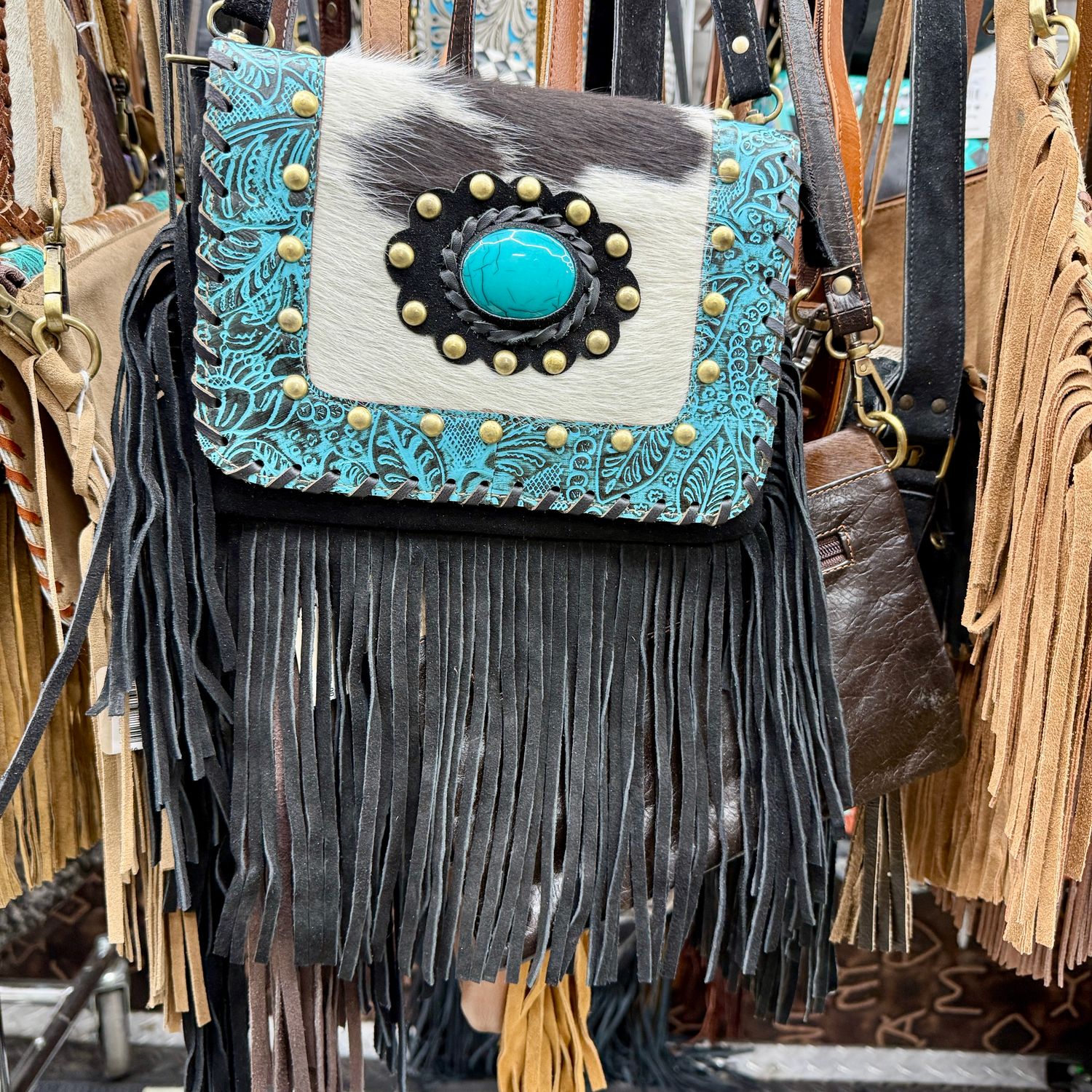 Cowhide Suede Fringe Crossbody with Turquoise Accents