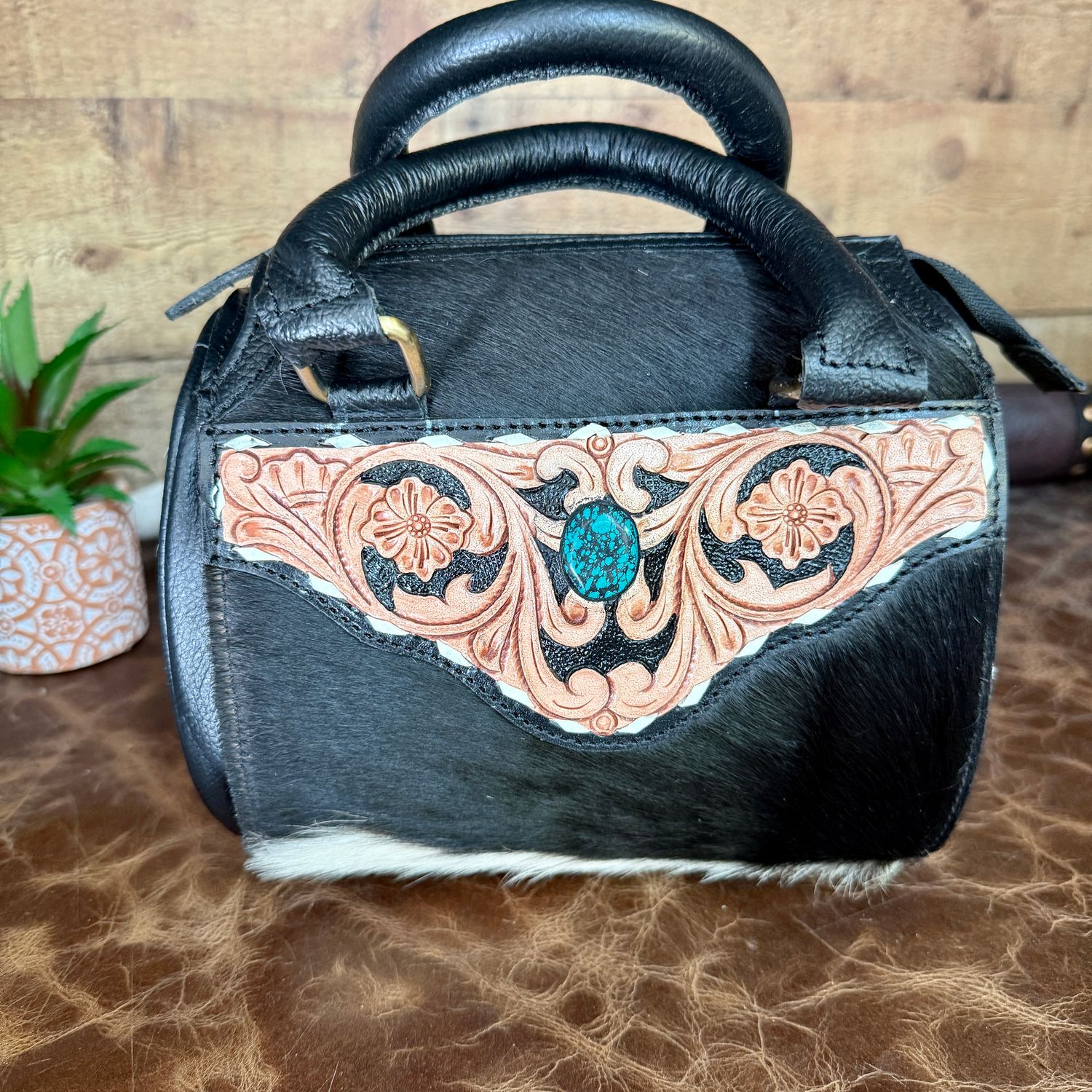 Cowhide &amp; Tooled Leather Accented Small Speedy Bag