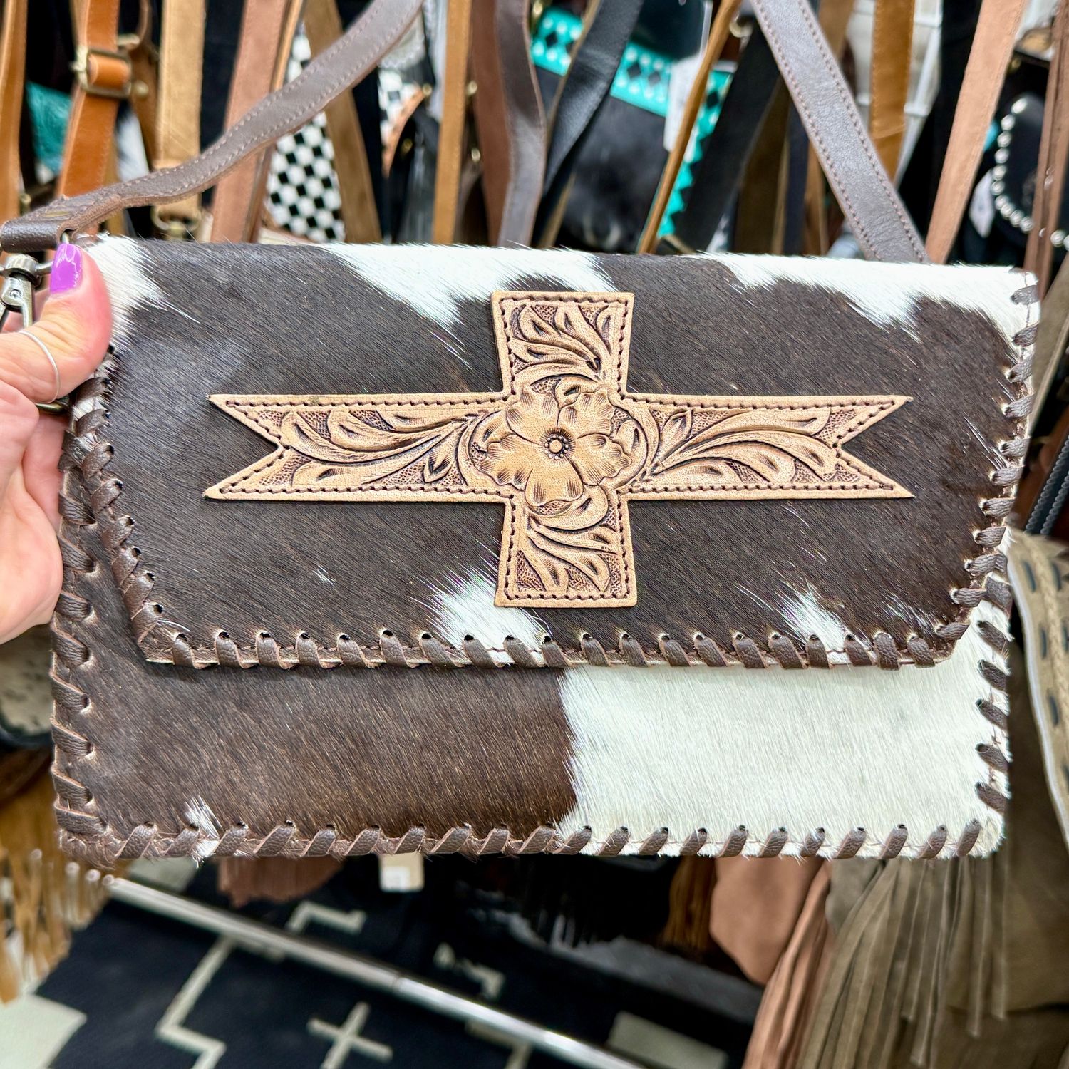 Tooled Cross &amp; Cowhide Crossbody