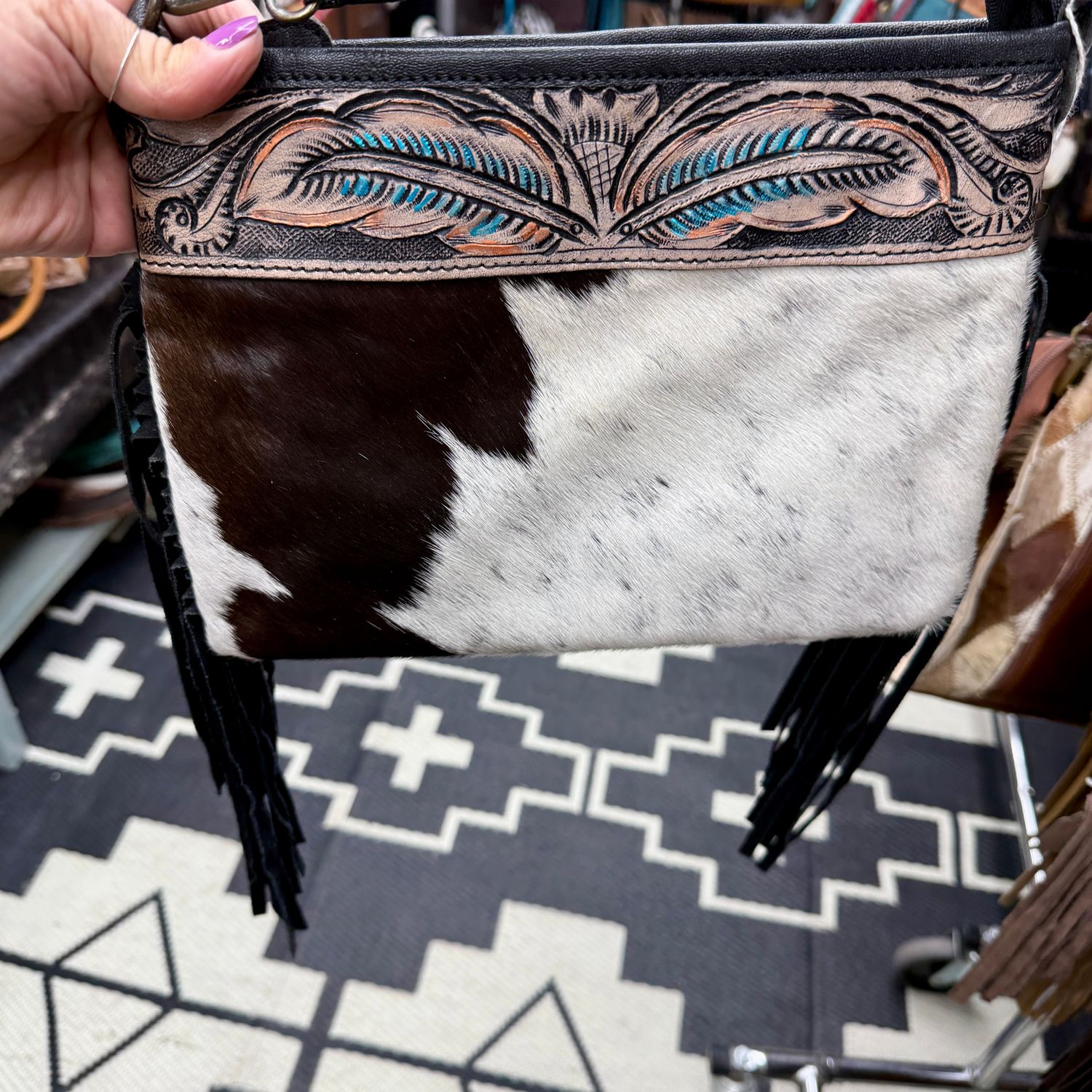 Cowhide Fringe Feather Tooled Leather Crossbody