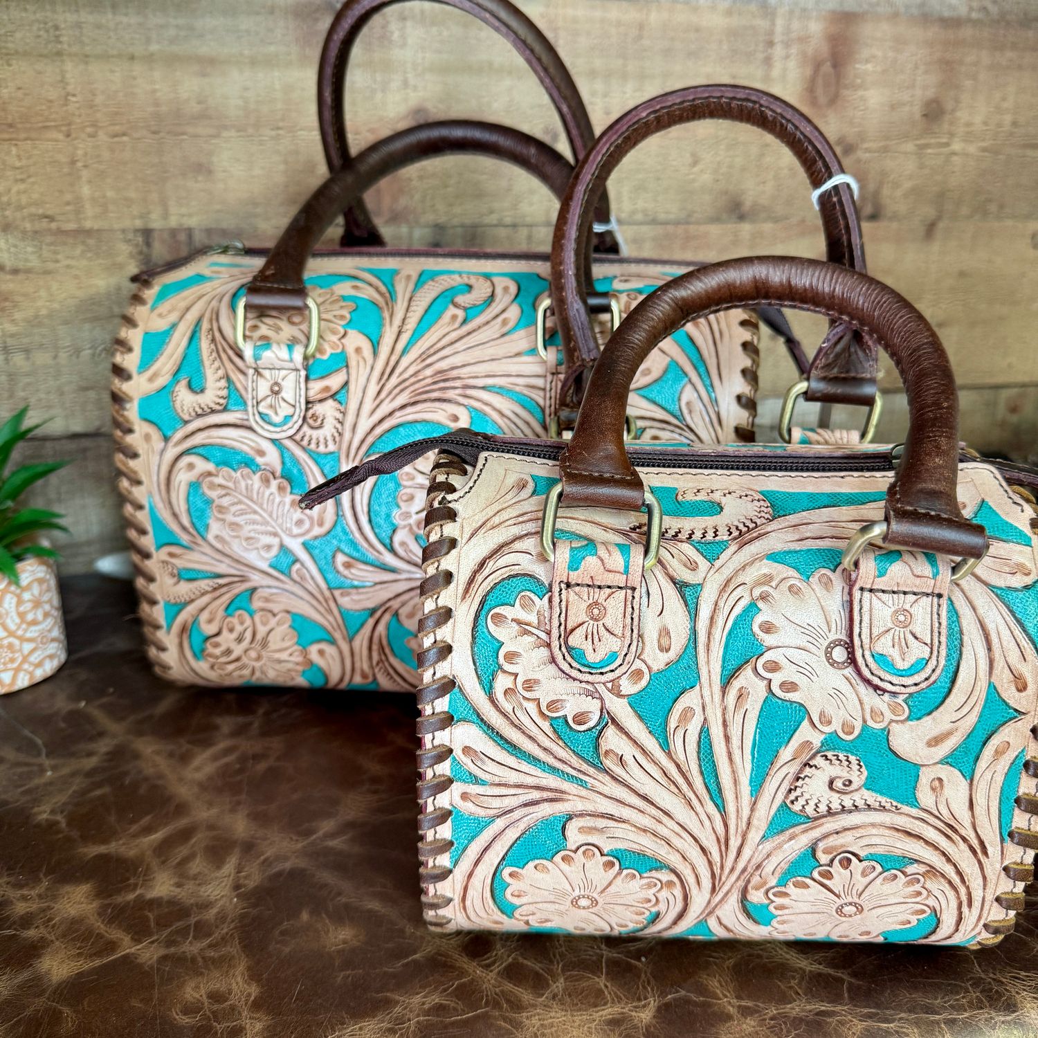 Teal Tooled Leather Barrel Small Speedy Bag