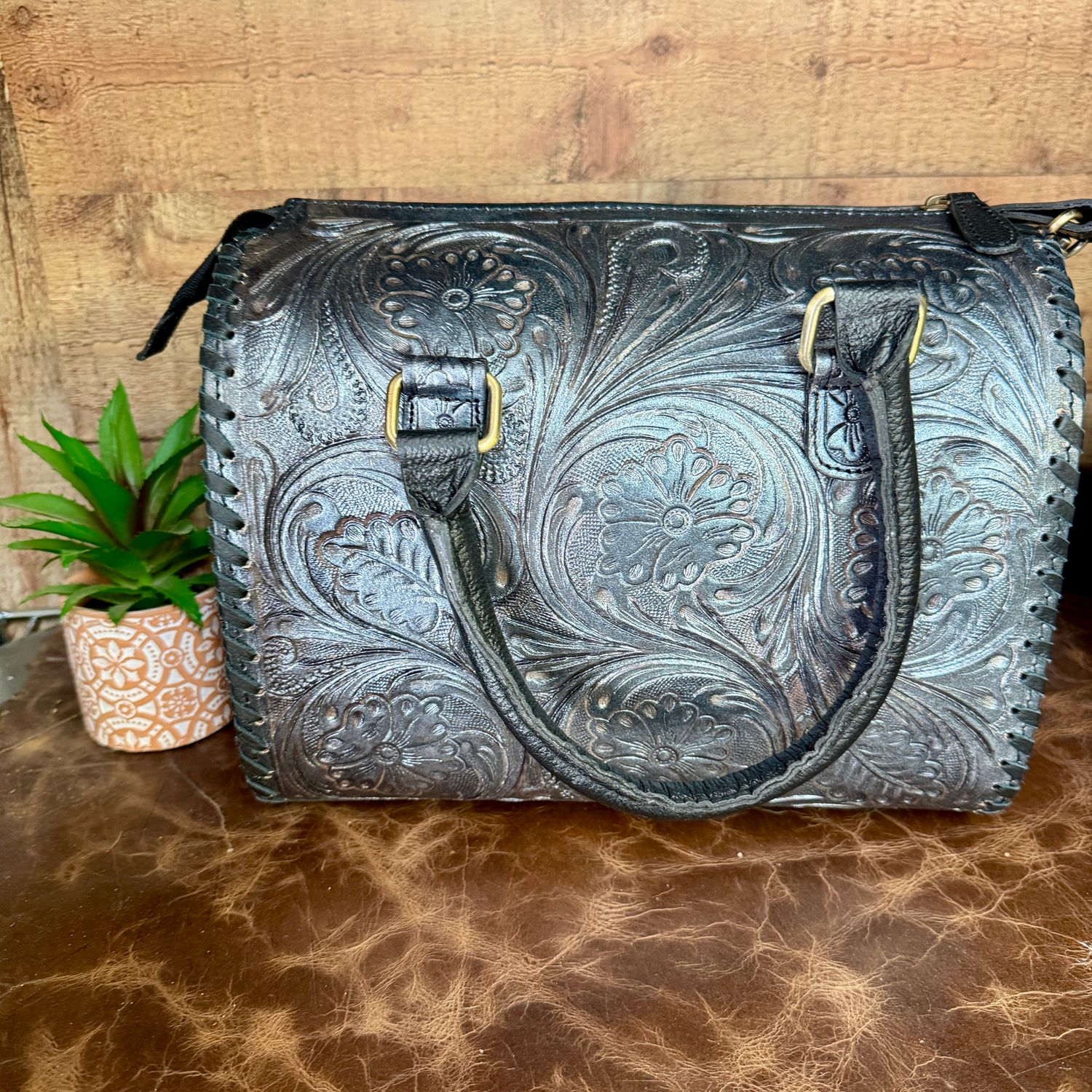 Charcoal Pewter Tooled Leather Medium Speedy Bag