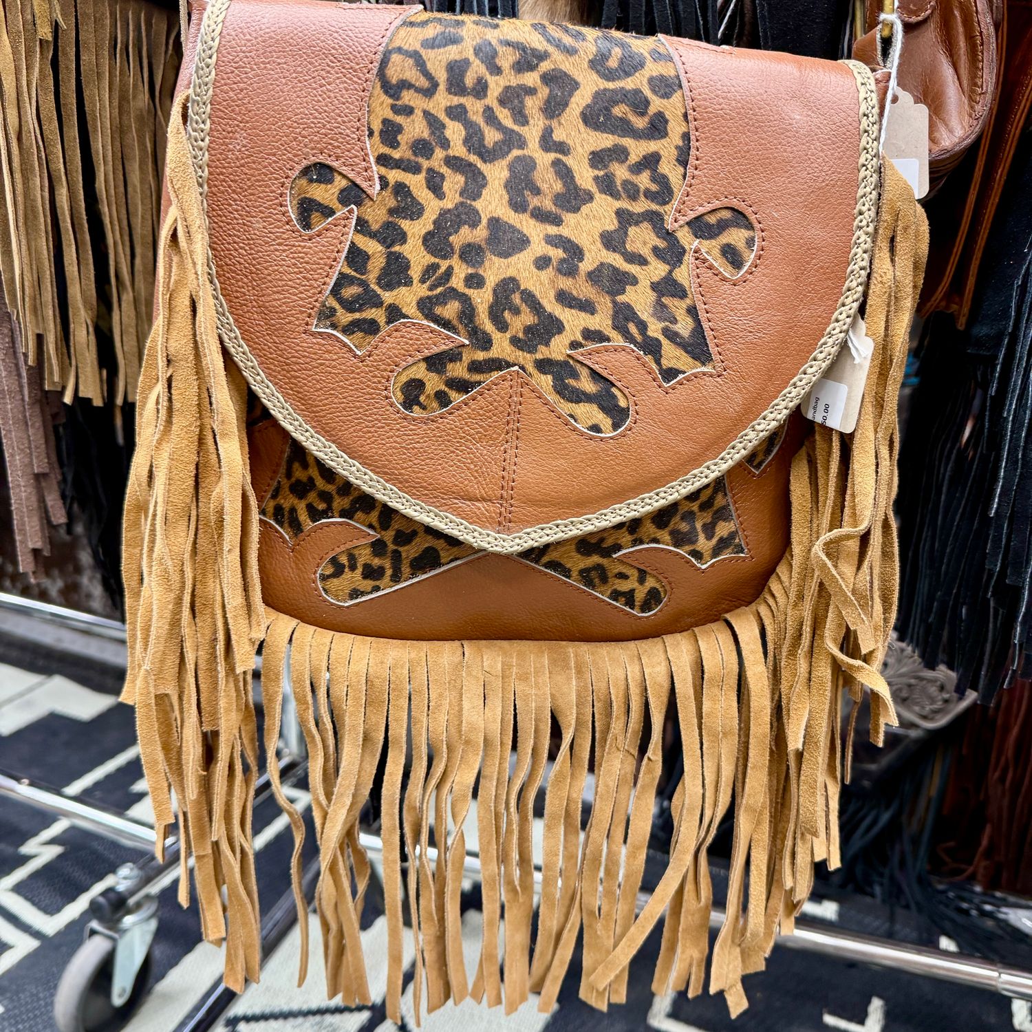 Leather Leopard Fringe Handbag