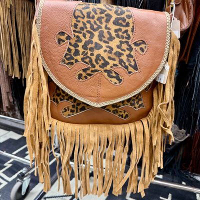 Leather Leopard Fringe Handbag