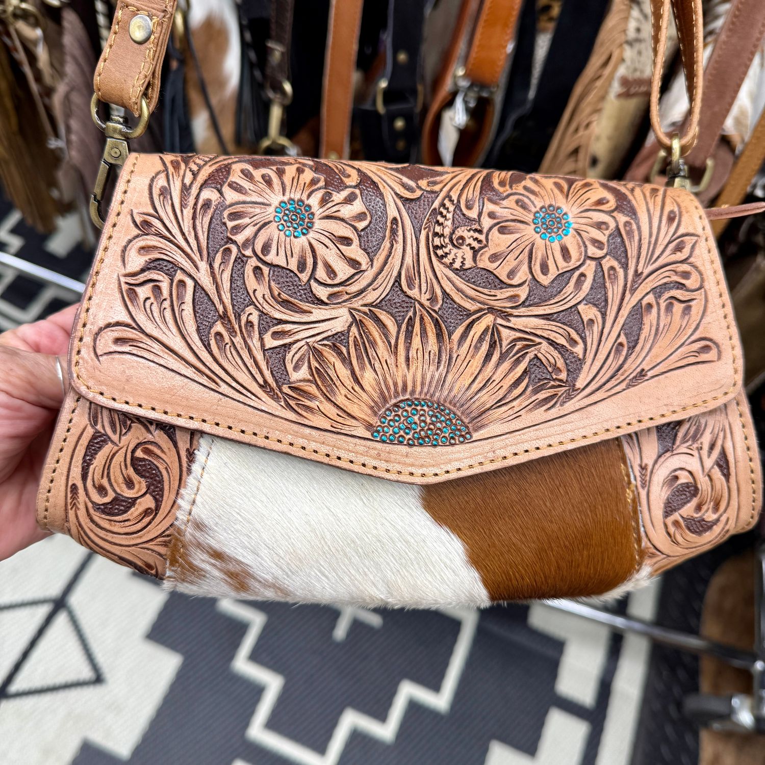 Floral Flap Crossbody with cowhide
