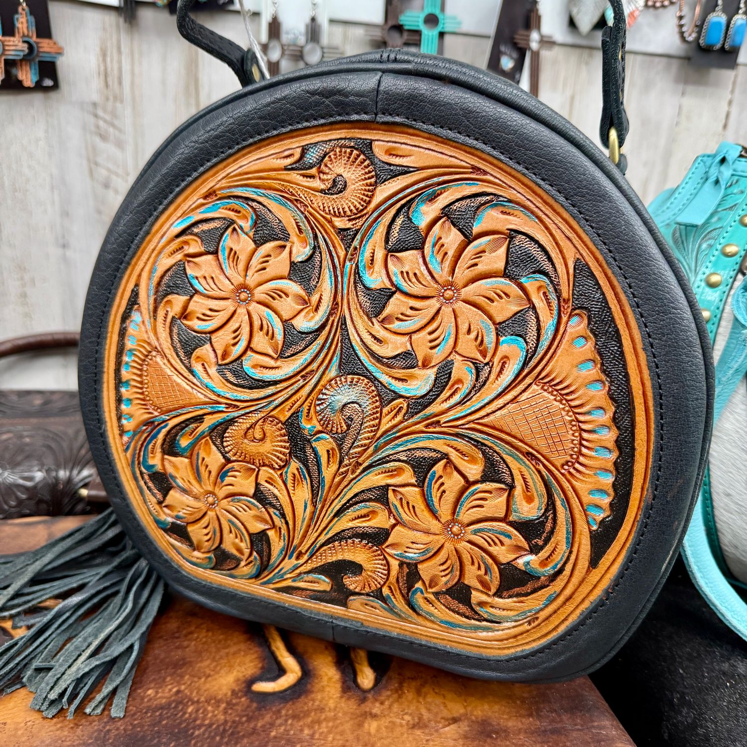 Floral Leather Round Handbag
