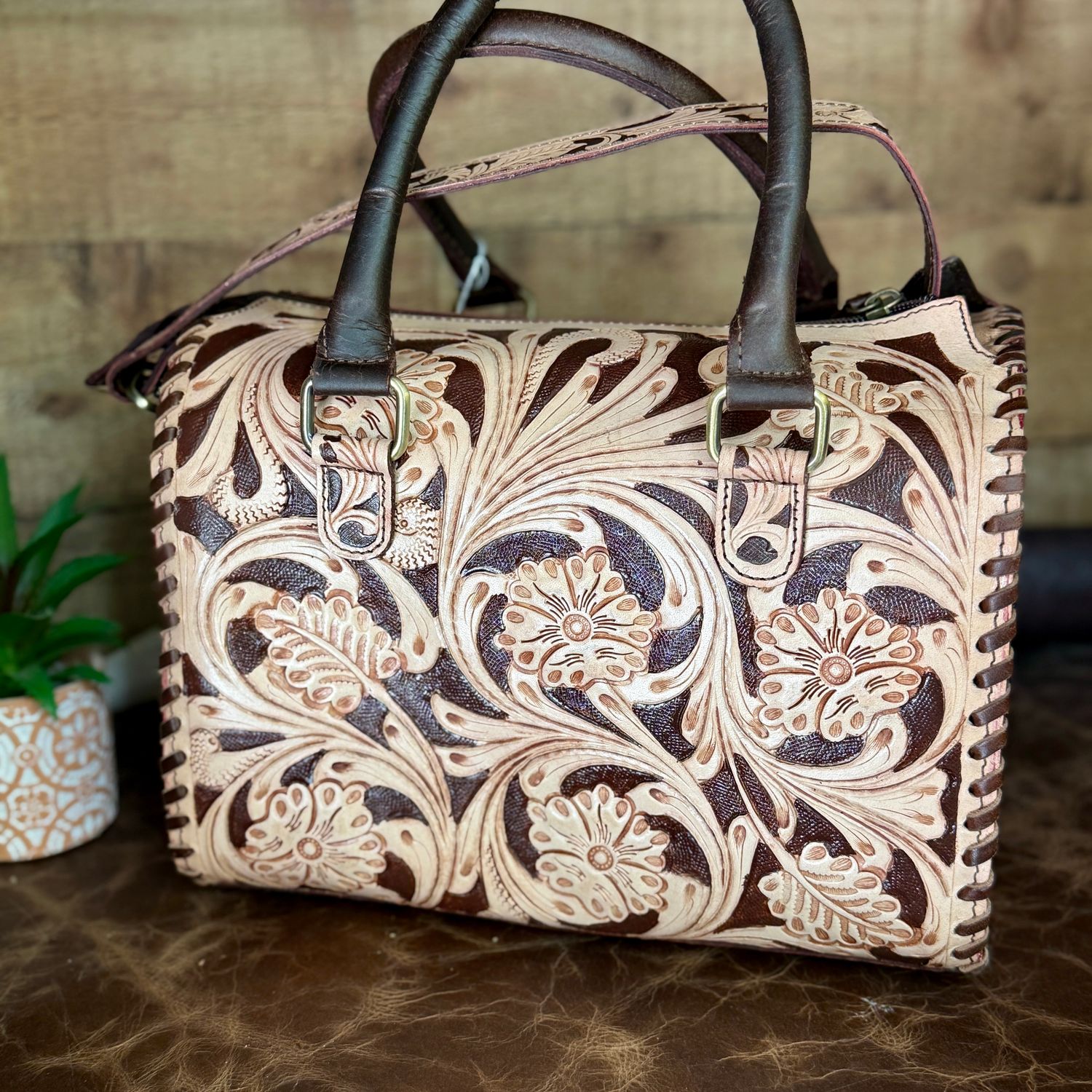 Brown Tooled Leather Barrel Speedy Bag