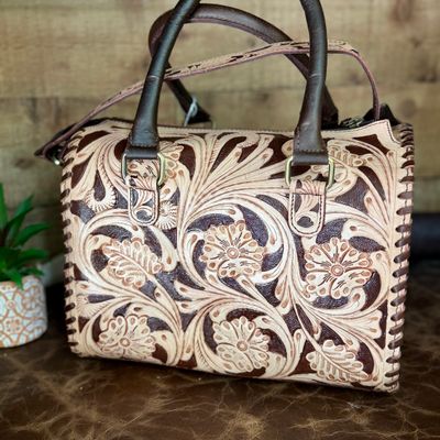 Brown Tooled Leather Barrel Speedy Bag