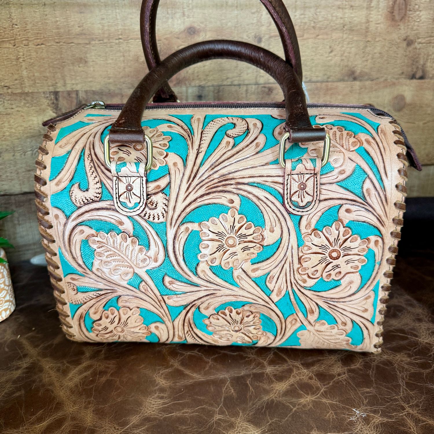 Teal Tooled Leather Barrel Medium Speedy Bag