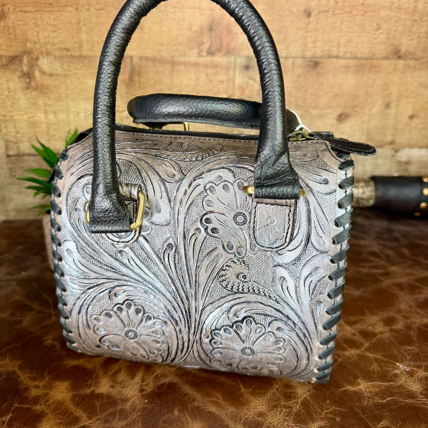 Pewter Tooled Leather Small Speedy Bag