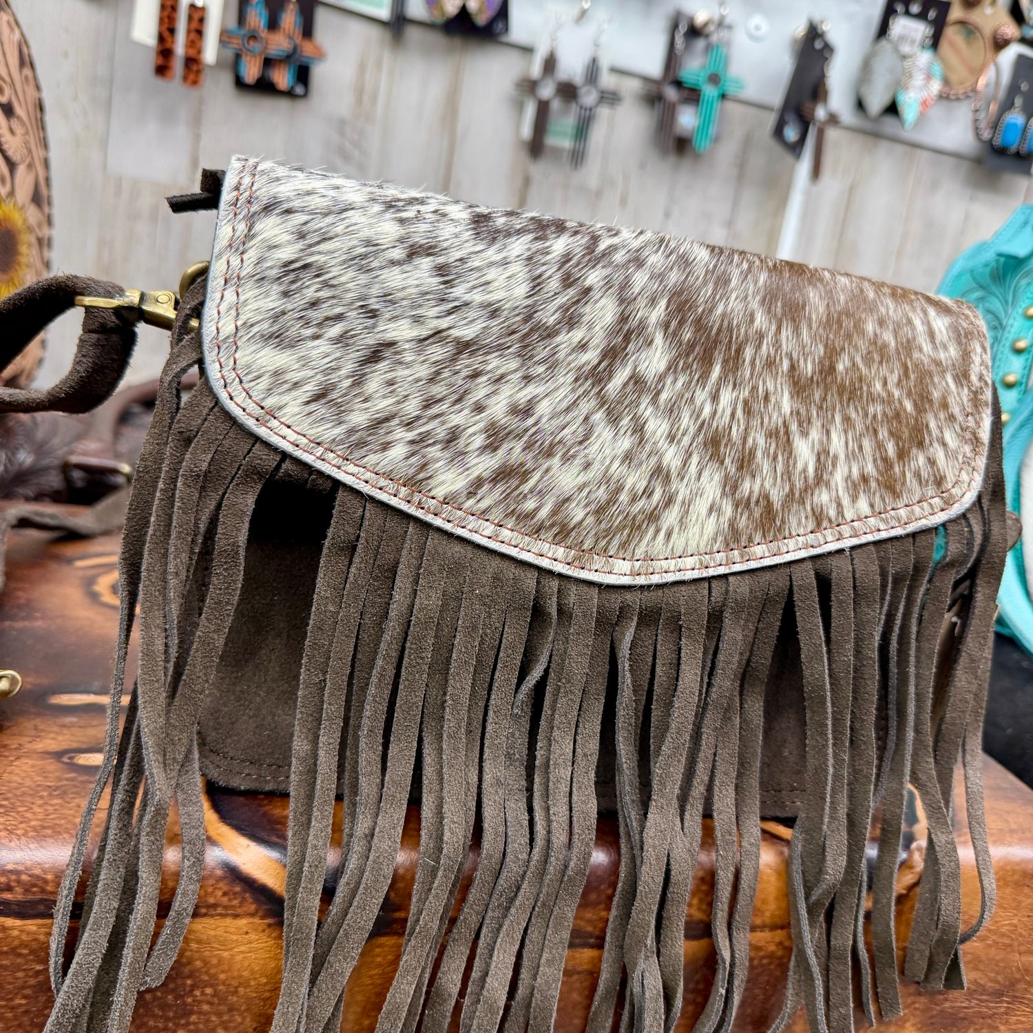 Cowhide Flap Suede Leather Fringe Crossbody