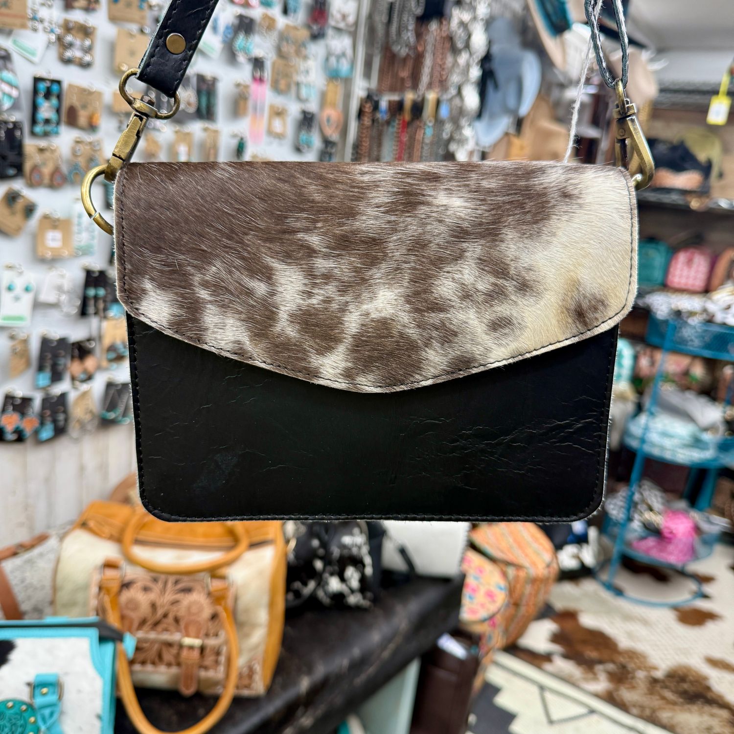 Black Leather Small Bag with Cowhide Flap