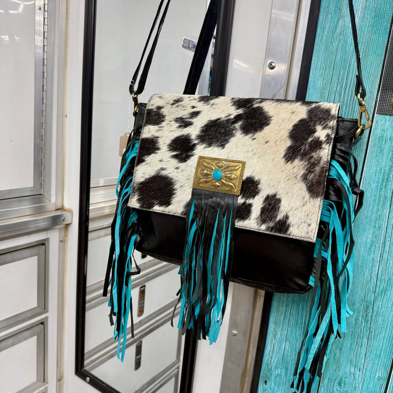 Cowhide &amp; LeatherCrossbody with Turquoise Fringe