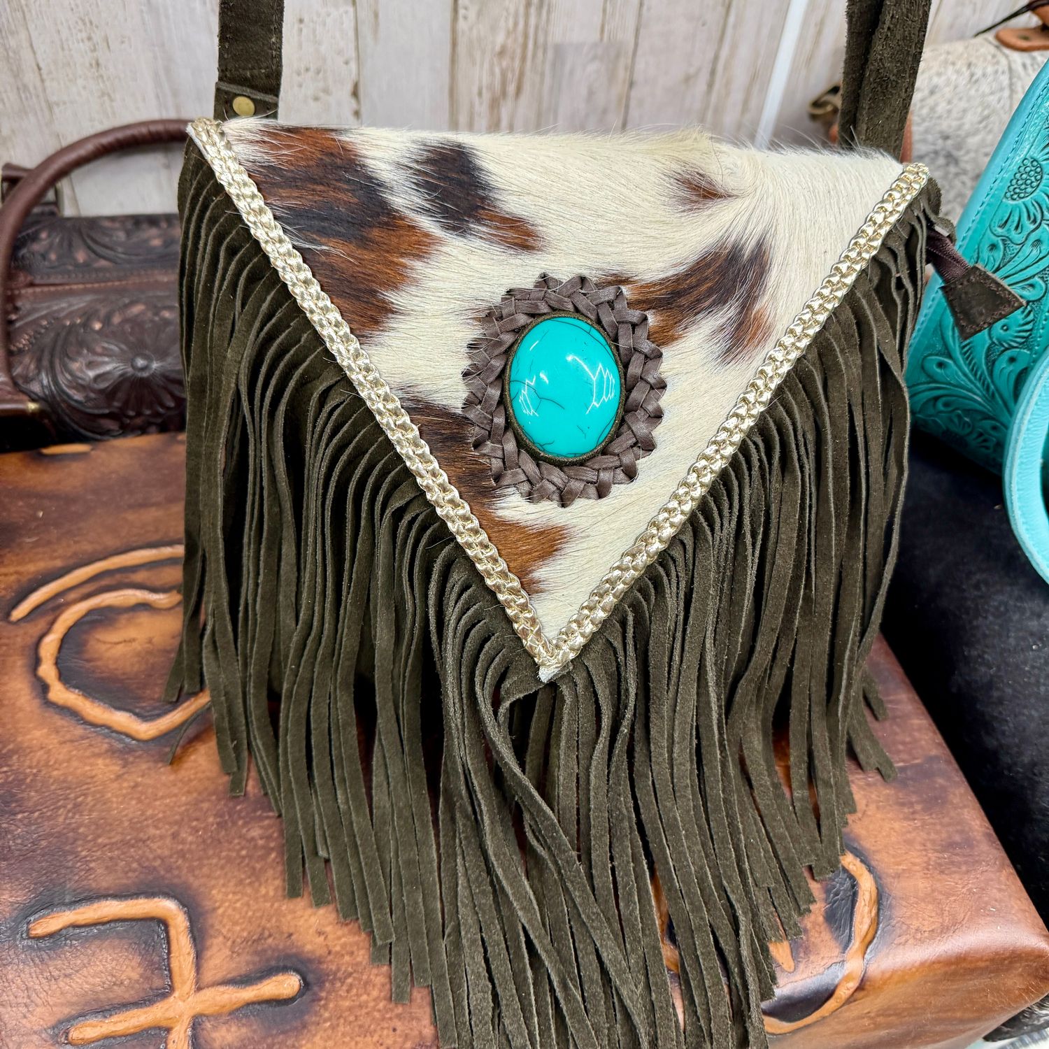 Triangle Cowhide Fringe Western Crossbody