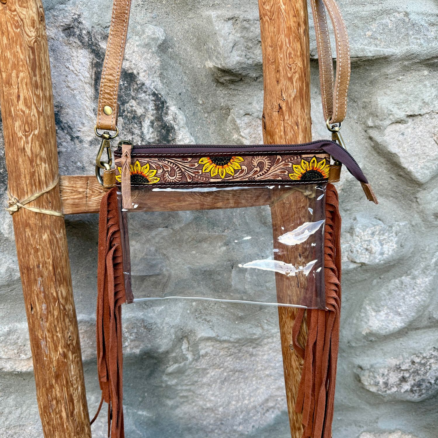 Sunflower Leather Clear Crossbody with Fringe