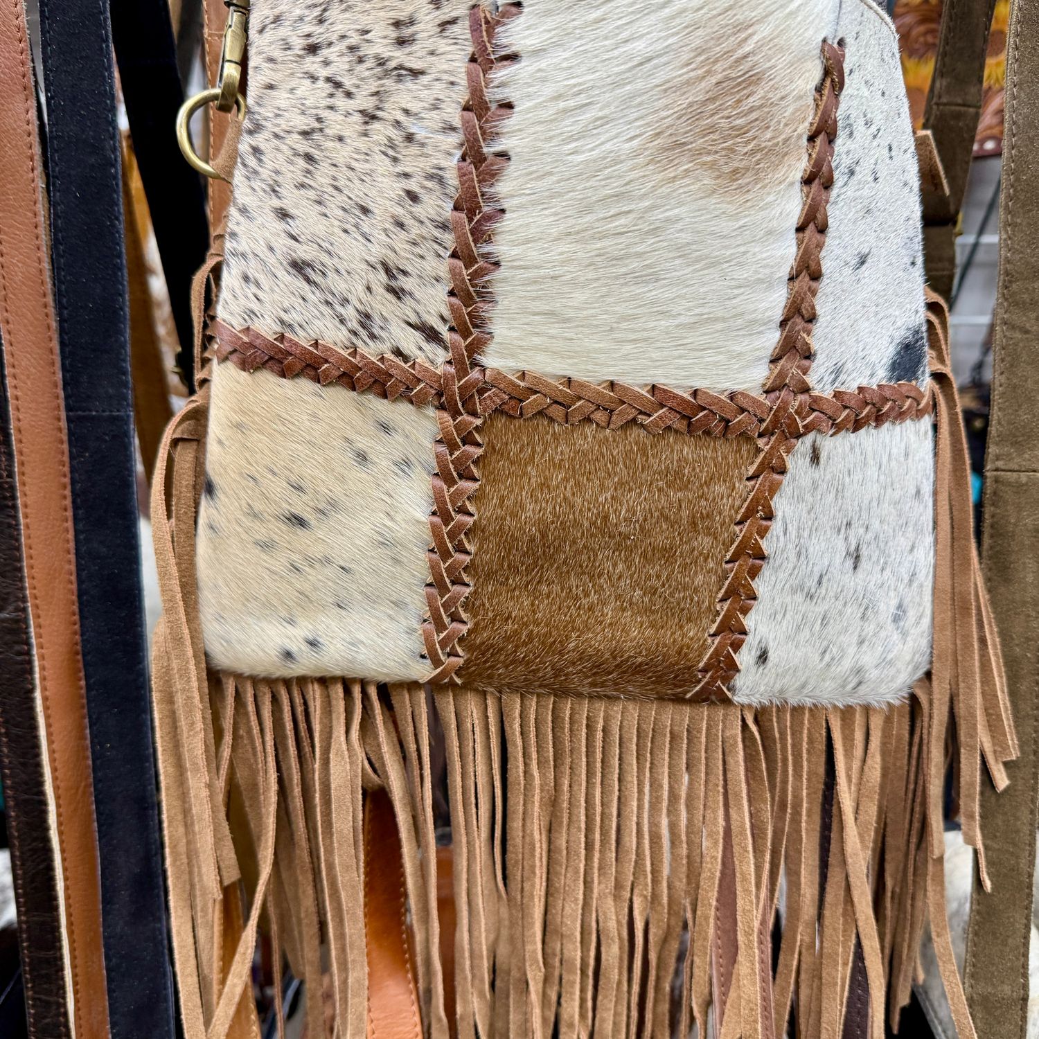 Brown Cowhide Multi Pattern Fringe Crossbody Bag