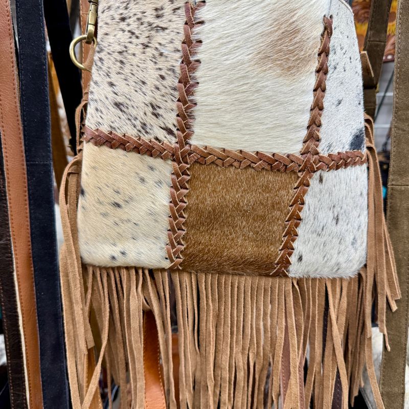 Brown Cowhide Multi Pattern Fringe Crossbody Bag