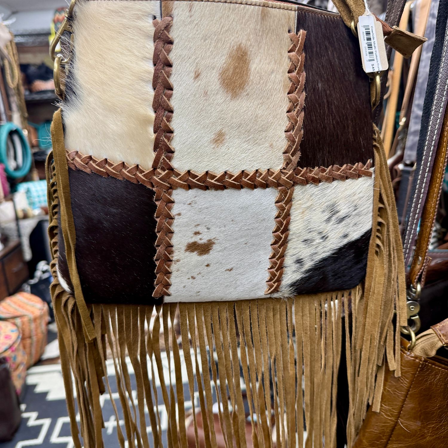 Cowhide Multi Pattern Fringe Crossbody Bag