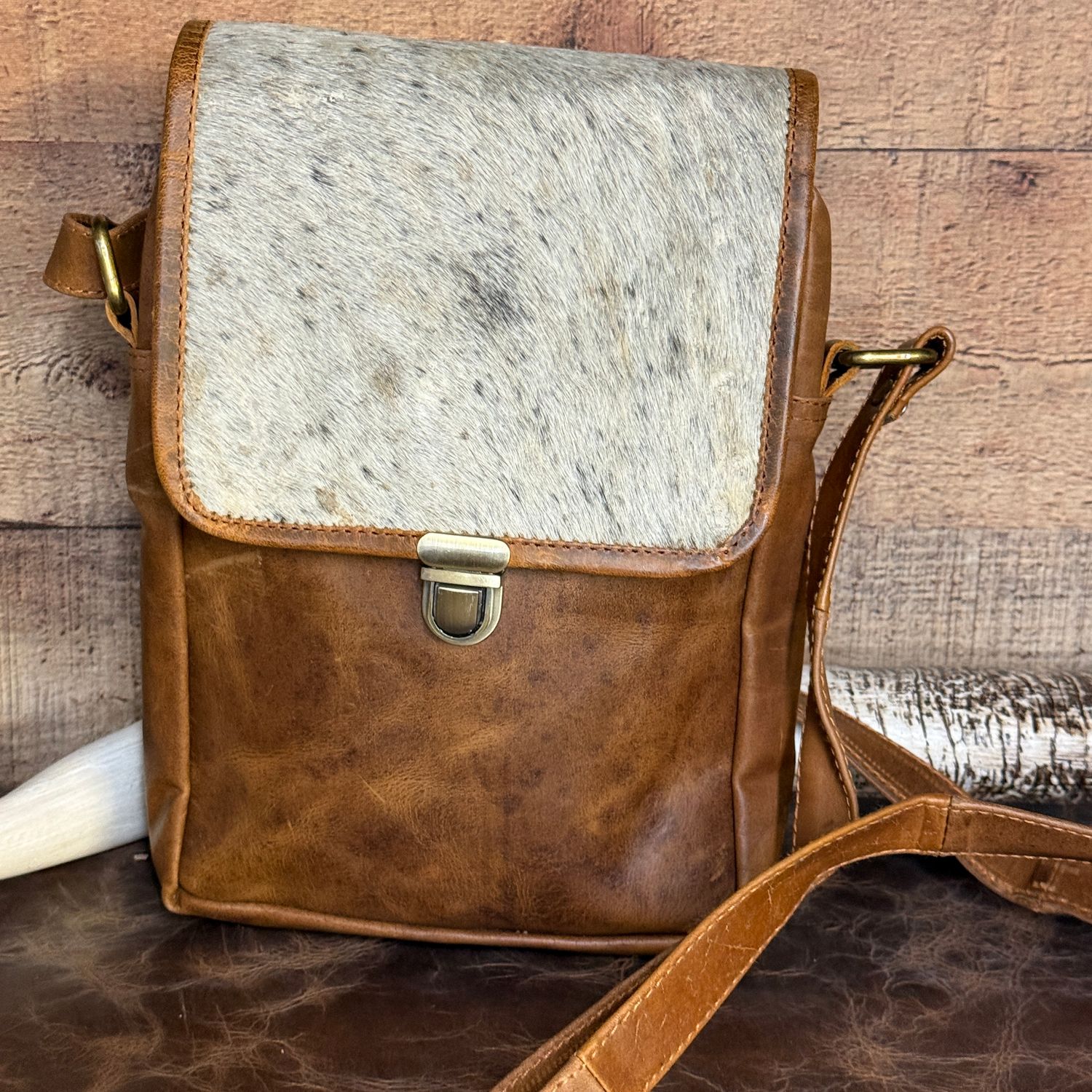 Brown Leather Buckle Flap Crossbody