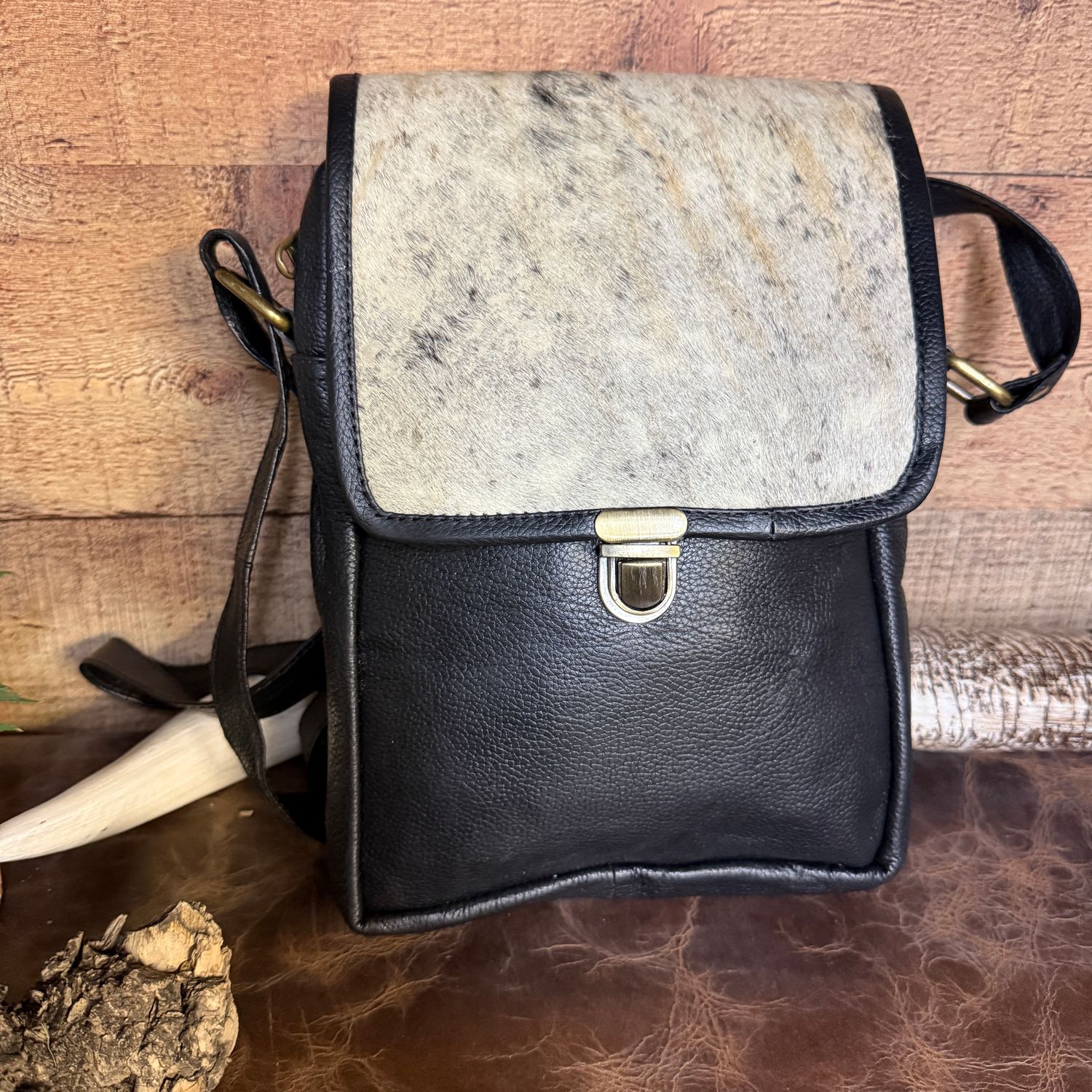 Black Leather Buckle Flap Crossbody
