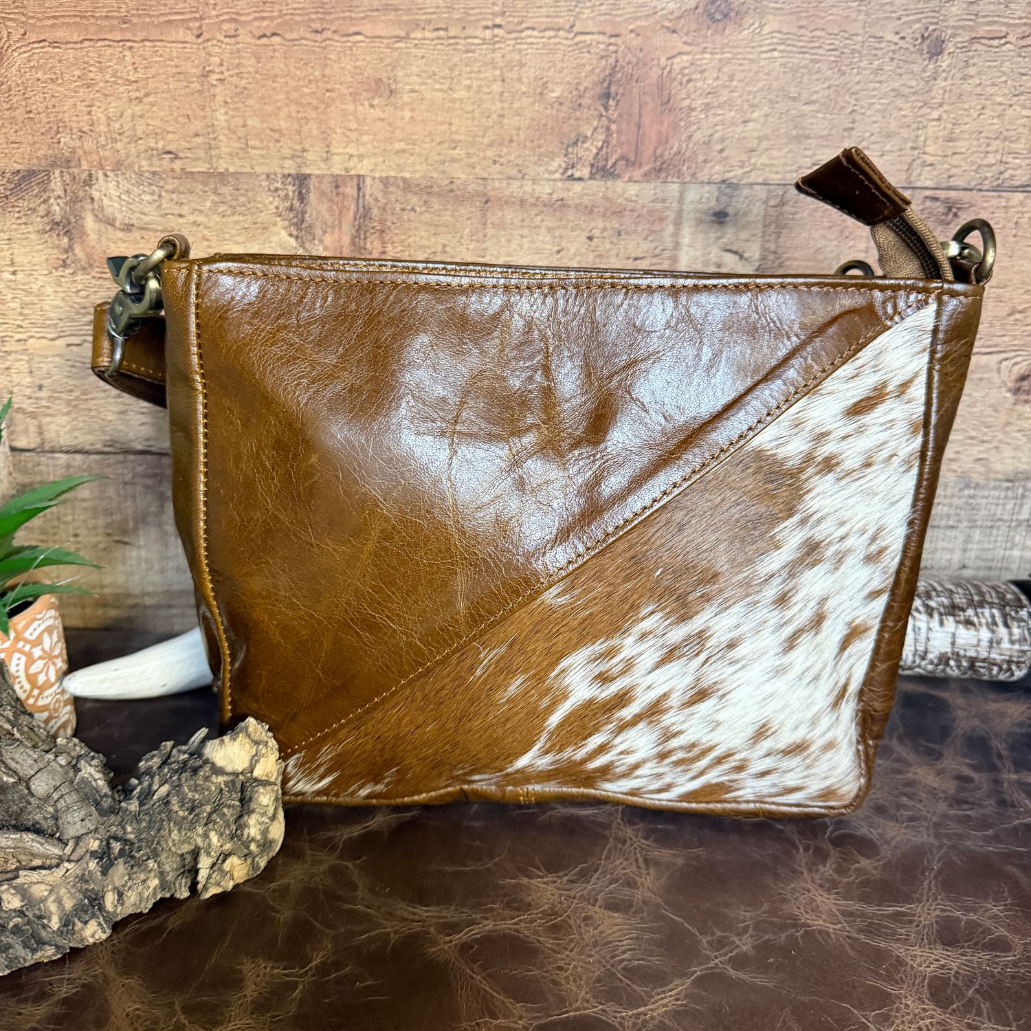 Brown Leather Handbag with Half Cowhide