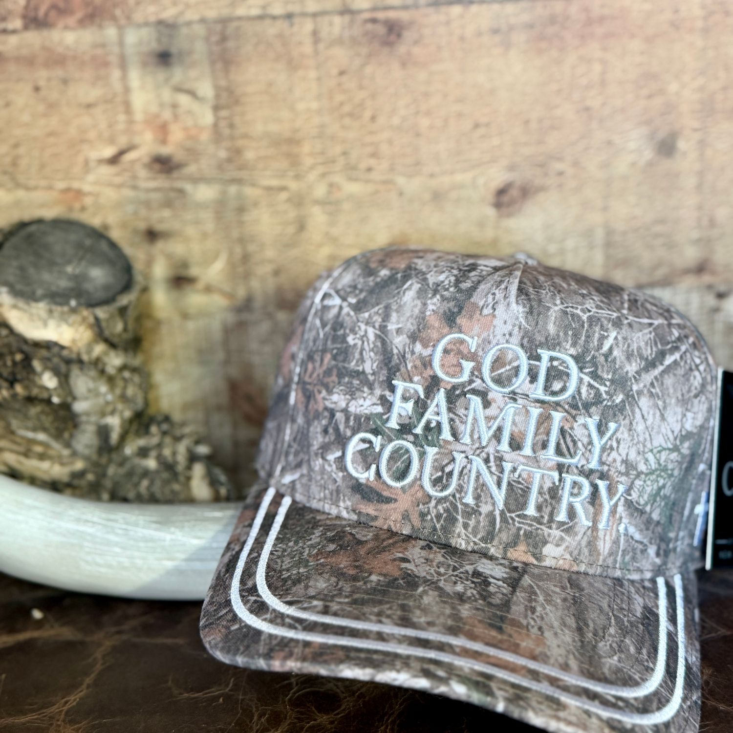 God Family Country Embroidered Trucker Hat - Camo