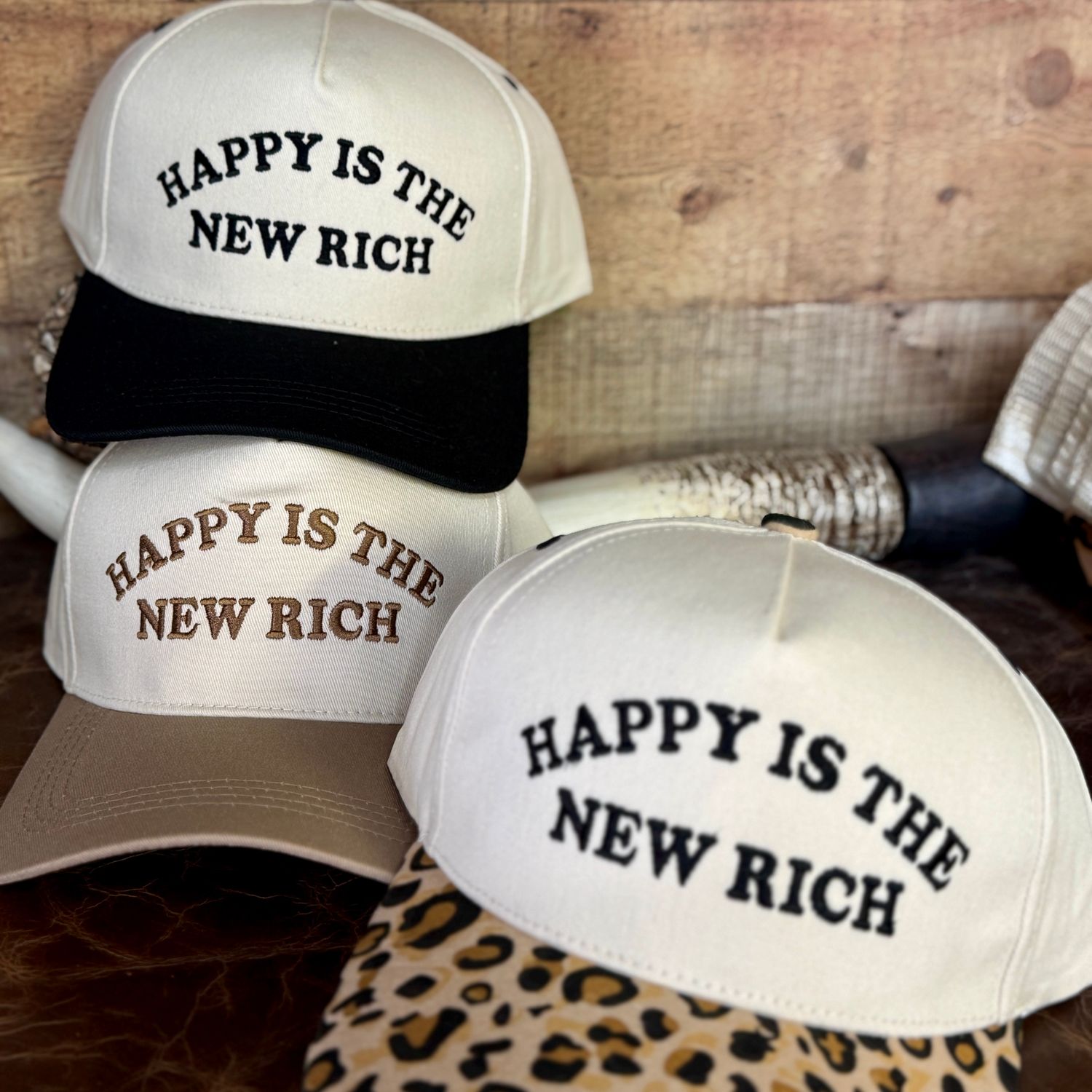Happy Is The New Rich Embroidered Trucker Hat