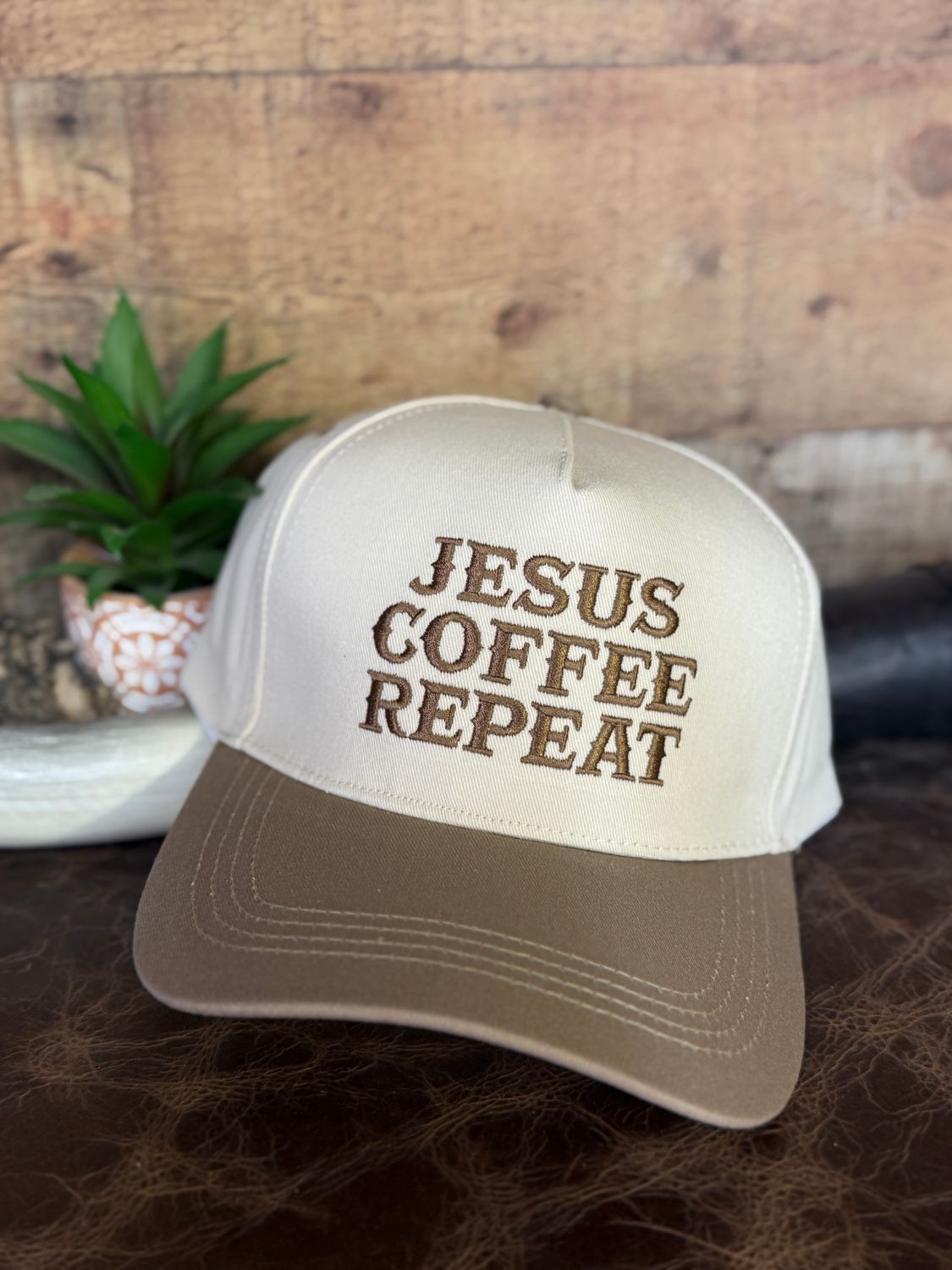 Jesus Coffee Repeat Embroidered Trucker Hat