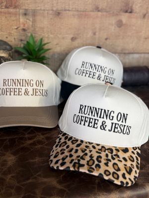 Running On Coffee And Jesus Embroidered Trucker Hat