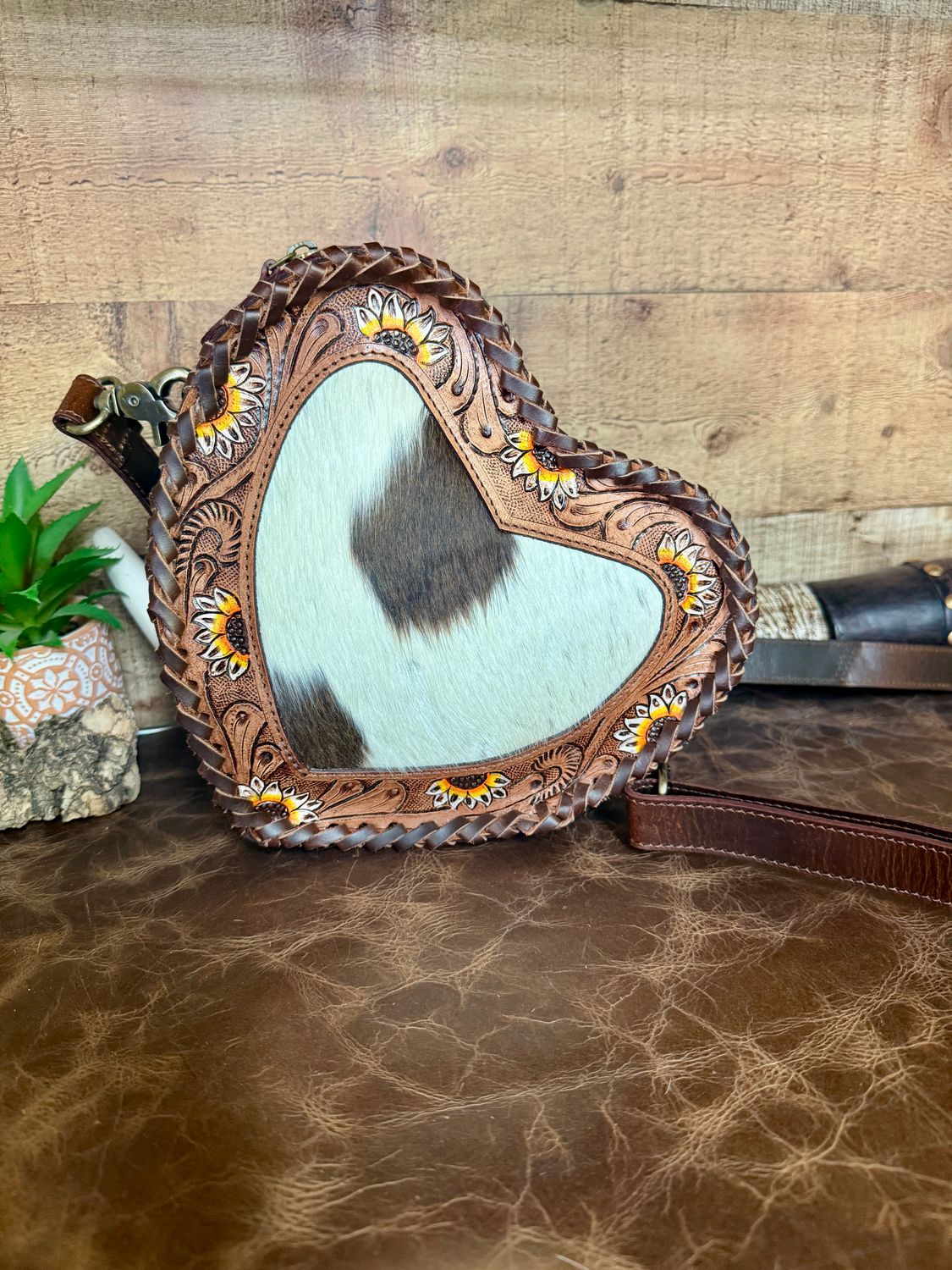 Sunflowers Heart Shaped Cowhide Handbag