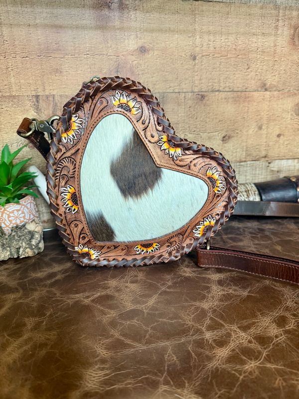 Sunflowers Heart Shaped Cowhide Handbag
