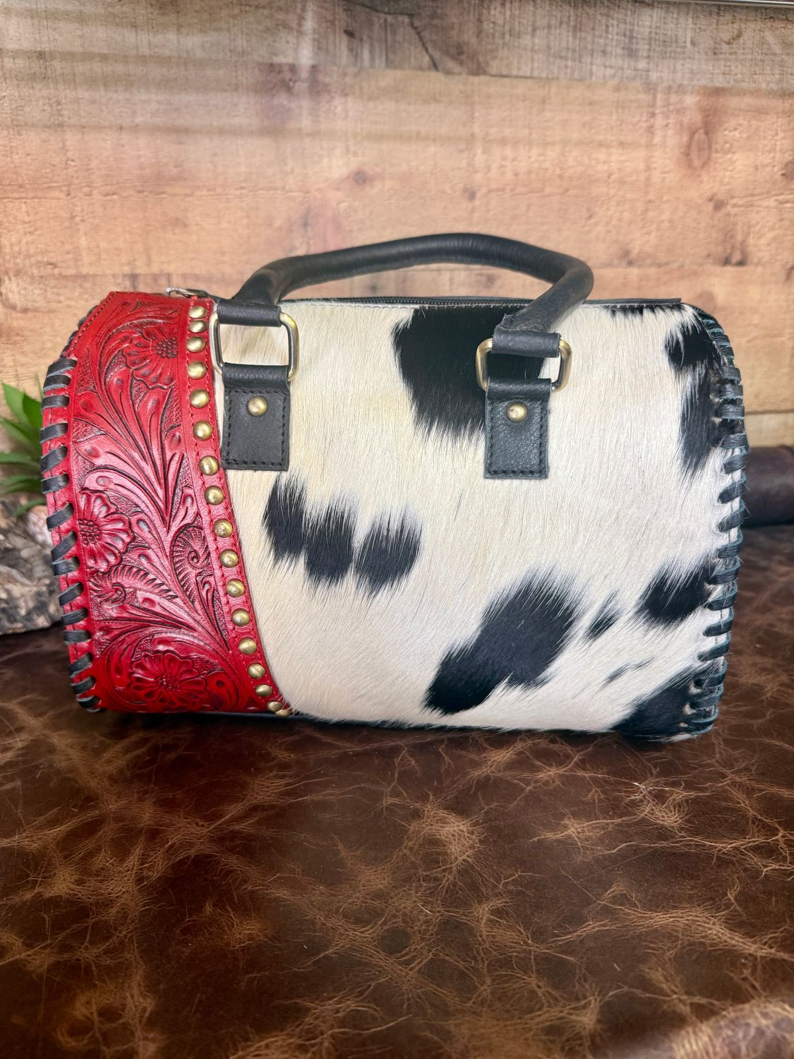 Red Tooled Leather &amp; Cowhide Medium Speedy Bag