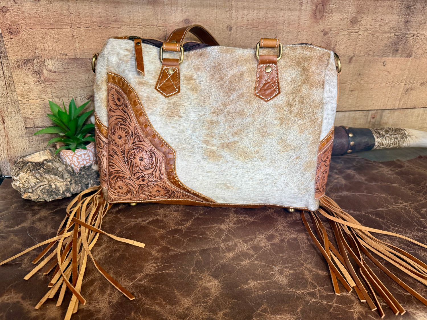 Cowhide &amp; Tooled Leather Speedy Bag