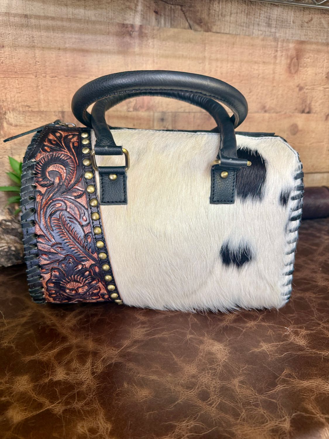 Dark Tooled Leather Stud Cowhide Medium Speedy Bag