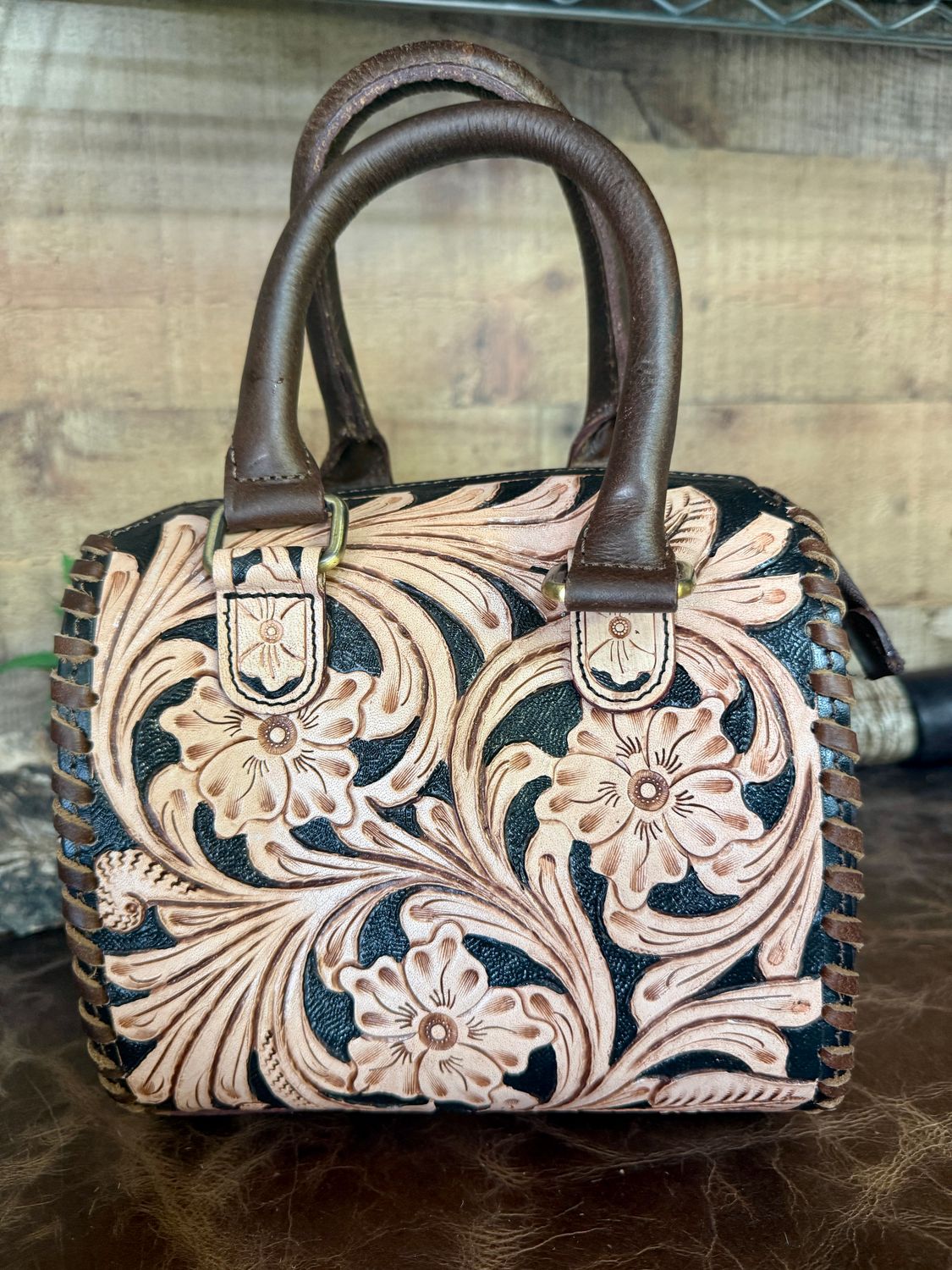Black Tooled Floral Leather Small Speedy Bag
