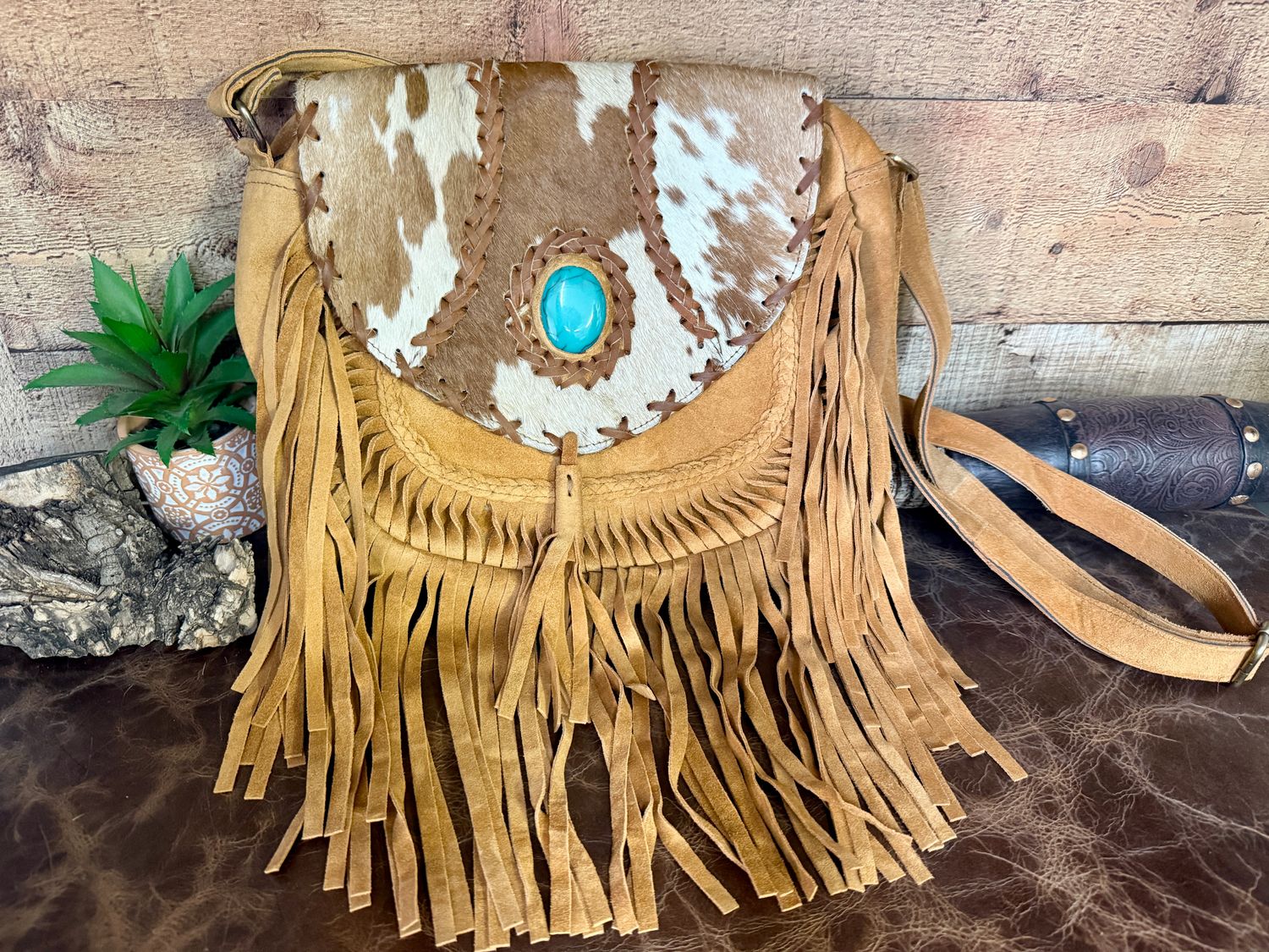 Tan Cowhide Suede Leather Fringe Crossbody Bag