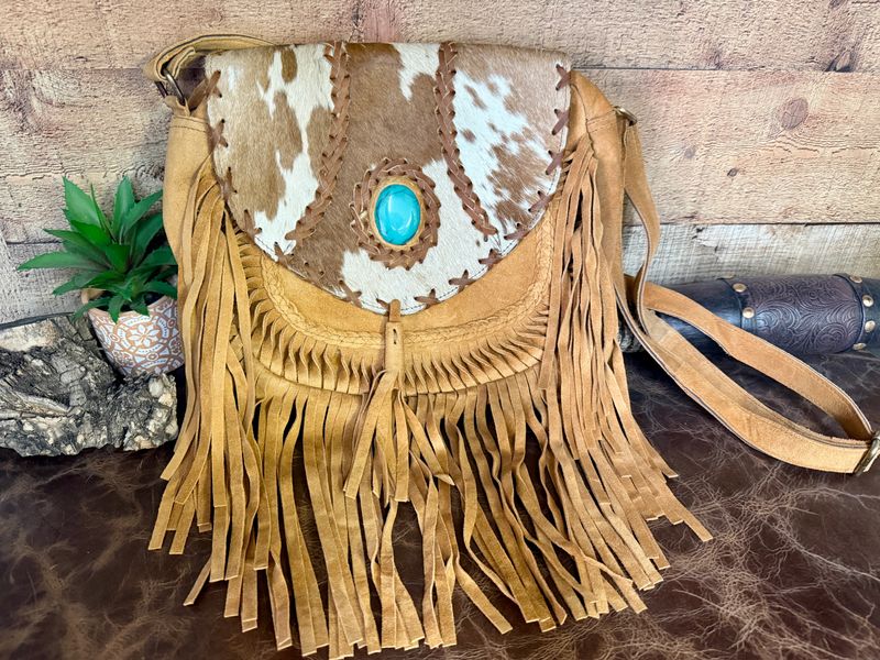 Tan Cowhide Suede Leather Fringe Crossbody Bag