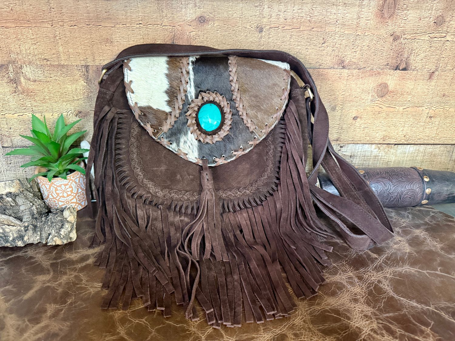 Brown Cowhide Suede Leather Fringe Crossbody Bag